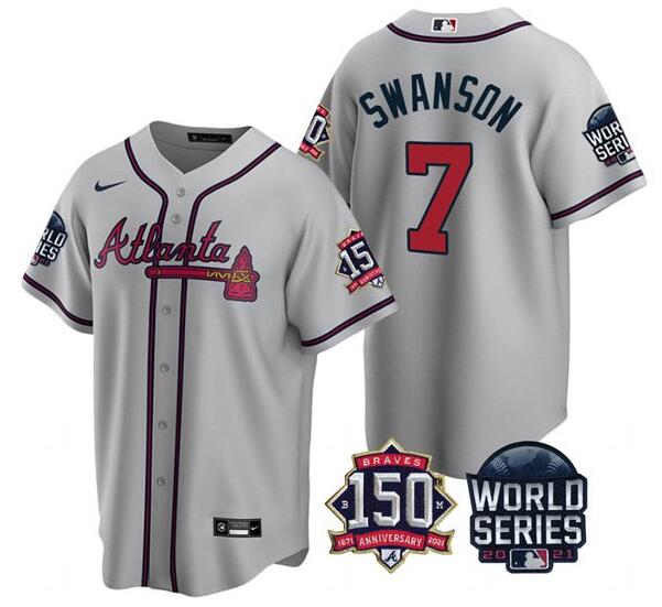 Men's Atlanta Braves #7 Dansby Swanson 2021 Gray World Series With 150th Anniversary Patch Cool Base Stitched Jersey Men's Atlanta Braves #7 Dansby Swanson 2021 Gray World Series With 150th Anniversary Patch Cool Base Stitched Jersey